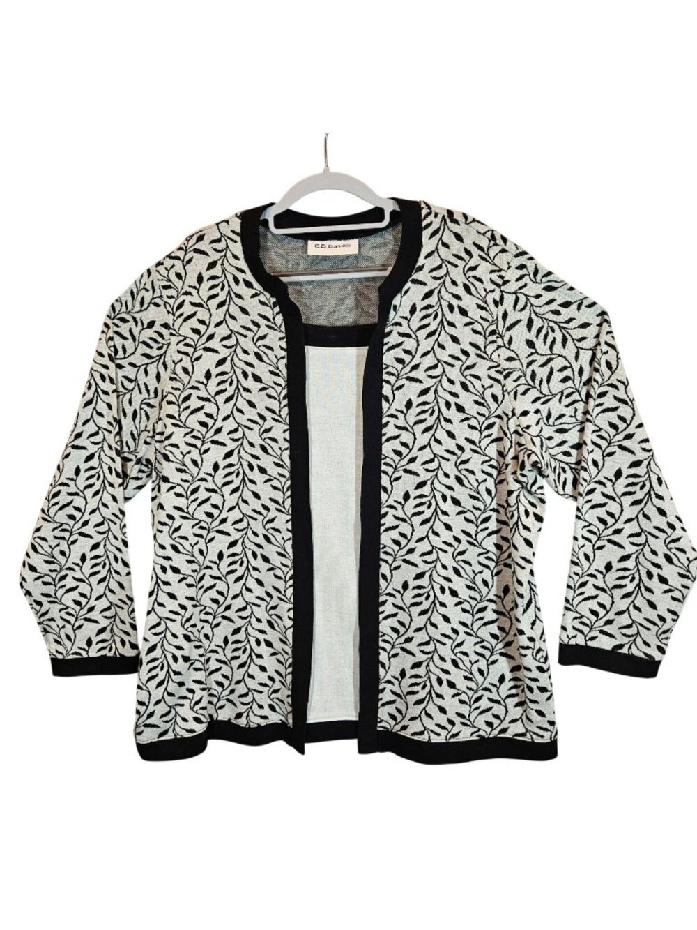 C.D. Daniels Womens XL Sweater faux Jacket Black White Leaf career modest office